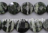 CSJ120 15.5 inches 15mm faceted coin green silver line jasper beads