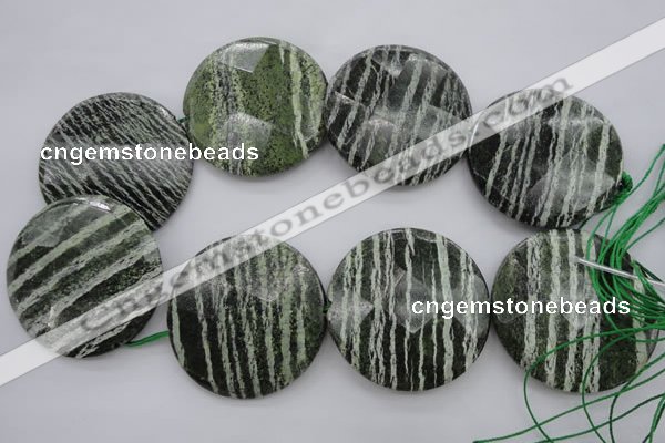 CSJ126 15.5 inches 50mm faceted coin green silver line jasper beads