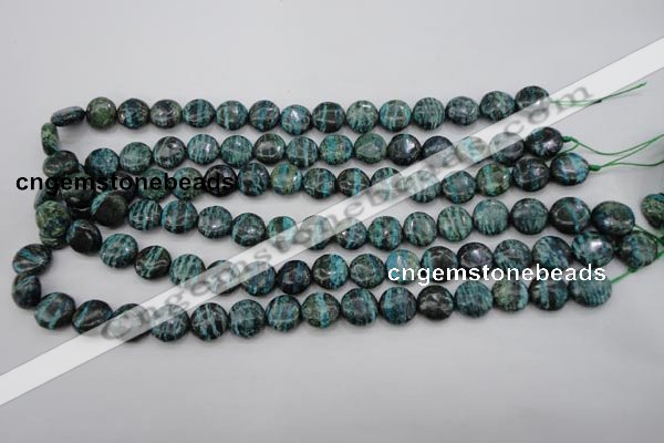 CSJ215 15.5 inches 12mm flat round dyed green silver line jasper beads