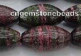 CSJ274 15.5 inches 15*30mm rice dyed green silver line jasper beads