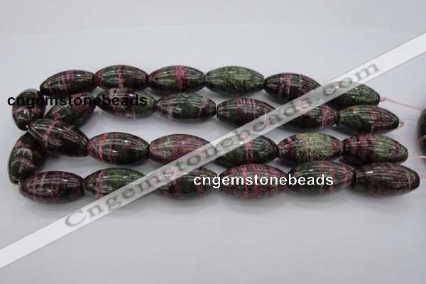 CSJ274 15.5 inches 15*30mm rice dyed green silver line jasper beads