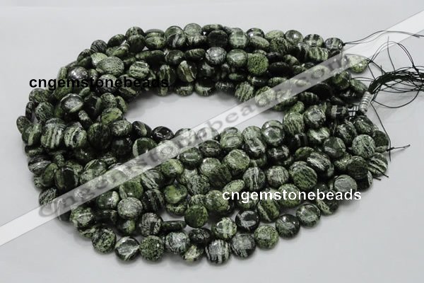 CSJ42 15.5 inches 12mm flat round green silver line jasper beads