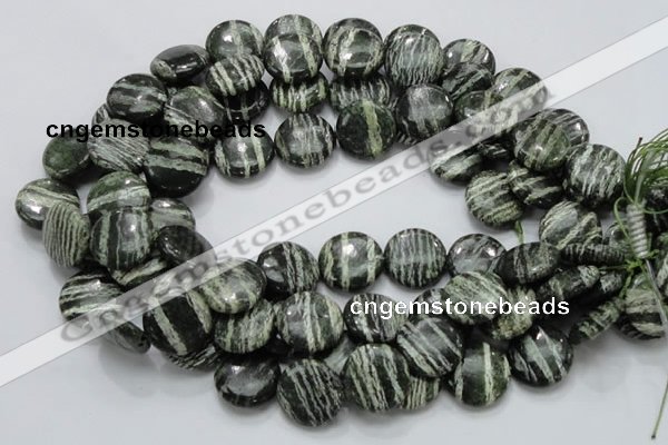 CSJ44 15.5 inches 20mm flat round green silver line jasper beads