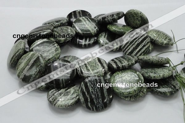 CSJ47 15.5 inches 35mm flat round green silver line jasper beads