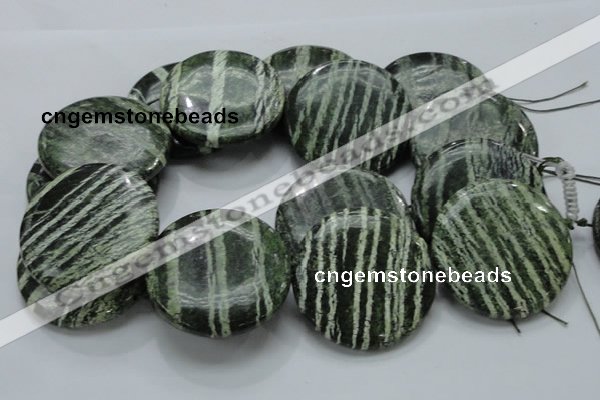 CSJ49 15.5 inches 50mm flat round green silver line jasper beads