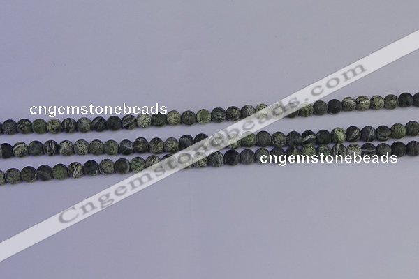 CSJ500 15.5 inches 4mm round matte green silver line jasper beads