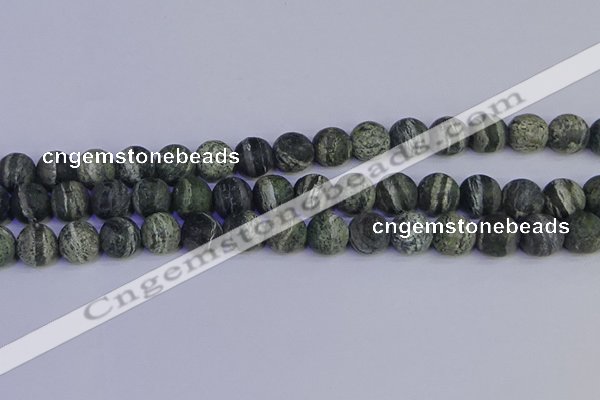 CSJ504 15.5 inches 12mm round matte green silver line jasper beads