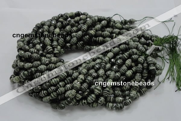 CSJ70 15.5 inches 7*11mm faceted rice green silver line jasper beads