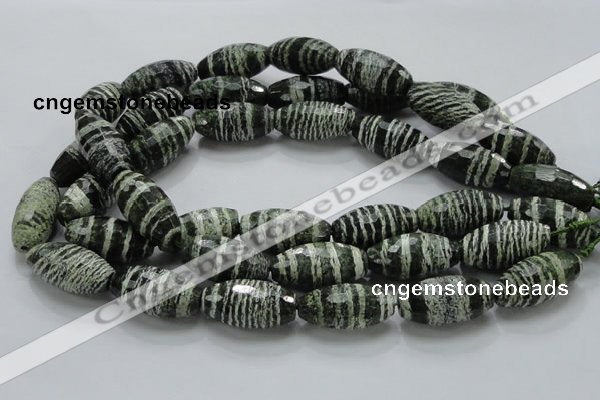 CSJ75 15.5 inches 15*30mm faceted rice green silver line jasper beads