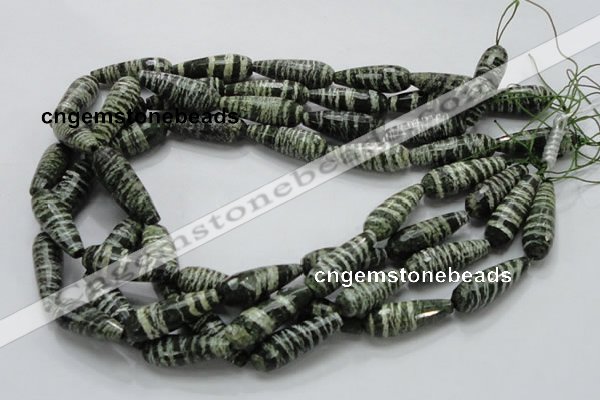 CSJ76 15.5 inches 10*30mm faceted teardrop green silver line jasper beads