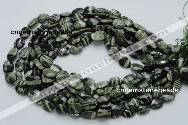 CSJ78 15.5 inches 12*16mm faceted oval green silver line jasper beads