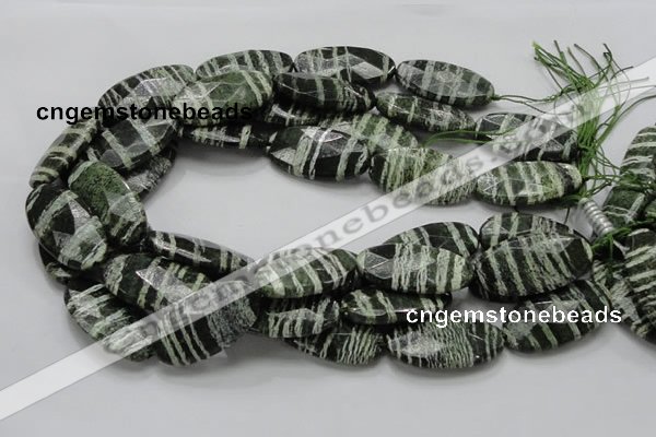 CSJ81 15.5 inches 20*40mm faceted oval green silver line jasper beads