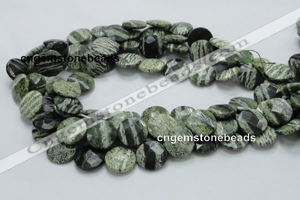 CSJ82 15.5 inches 18mm faceted flat round green silver line jasper beads