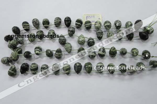 CSJ86 Top-drilled 10*14mm faceted teardrop green silver line jasper beads