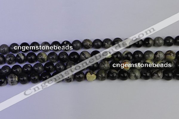 CSL213 15.5 inches 10mm round black silver leaf jasper beads