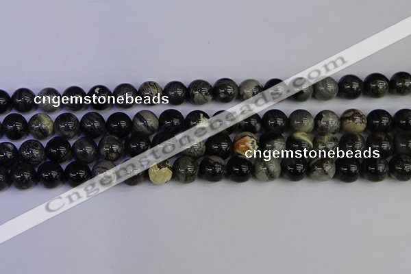 CSL214 15.5 inches 12mm round black silver leaf jasper beads