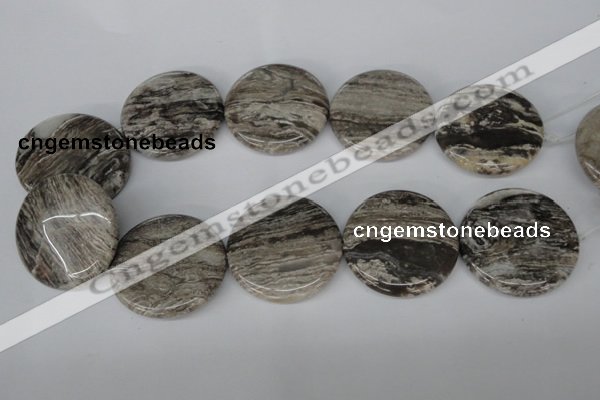 CSL37 15.5 inches 40mm flat round silver leaf jasper beads wholesale