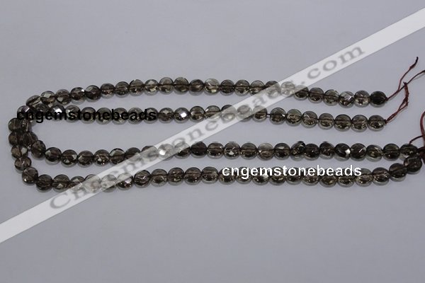 CSQ122 8mm faceted flat round grade AA natural smoky quartz beads