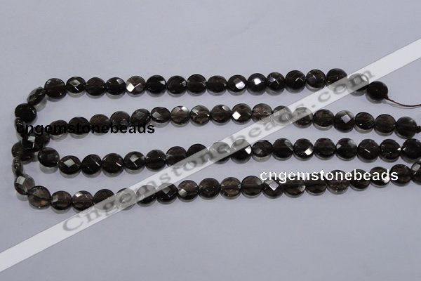 CSQ123 10mm faceted flat round grade AA natural smoky quartz beads
