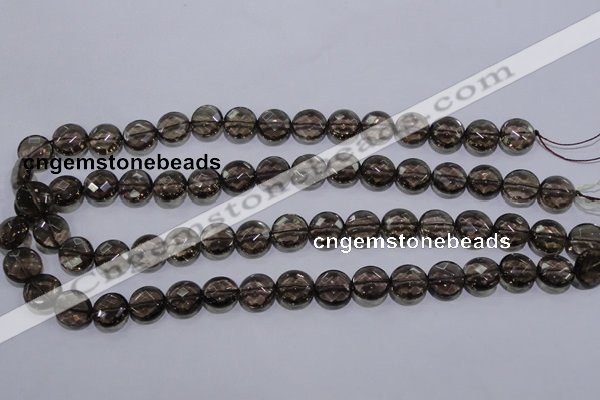 CSQ124 12mm faceted flat round grade AA natural smoky quartz beads