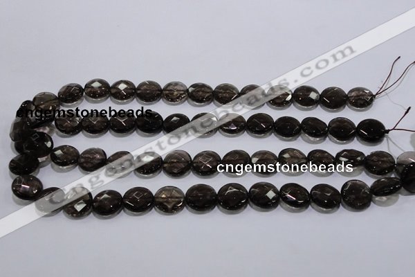 CSQ125 15.5 inches 14mm faceted flat round grade AA natural smoky quartz beads