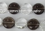 CSQ151 15.5 inches 15mm flat round white crystal & smoky quartz beads