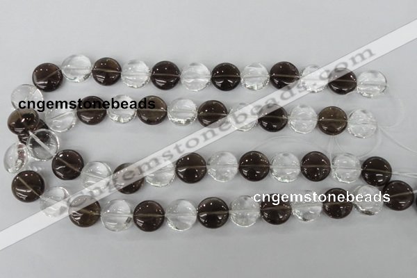 CSQ151 15.5 inches 15mm flat round white crystal & smoky quartz beads