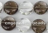 CSQ152 15.5 inches 18mm flat round white crystal & smoky quartz beads