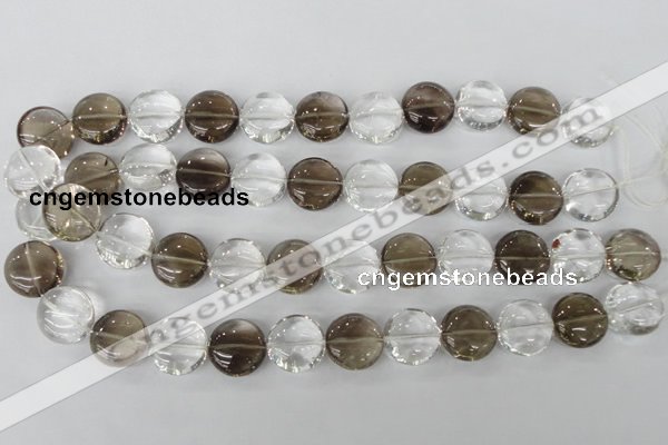 CSQ152 15.5 inches 18mm flat round white crystal & smoky quartz beads