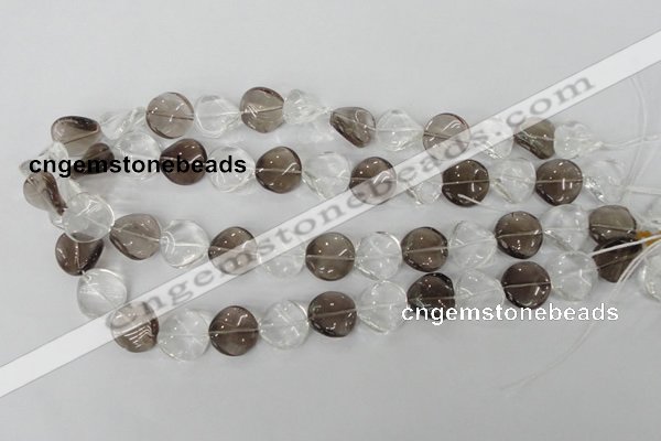 CSQ153 15.5 inches 16mm twisted coin white crystal & smoky quartz beads