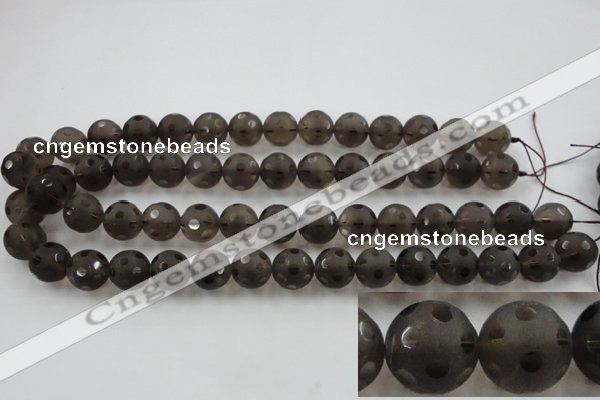 CSQ254 15.5 inches 14mm carved round matte smoky quartz beads