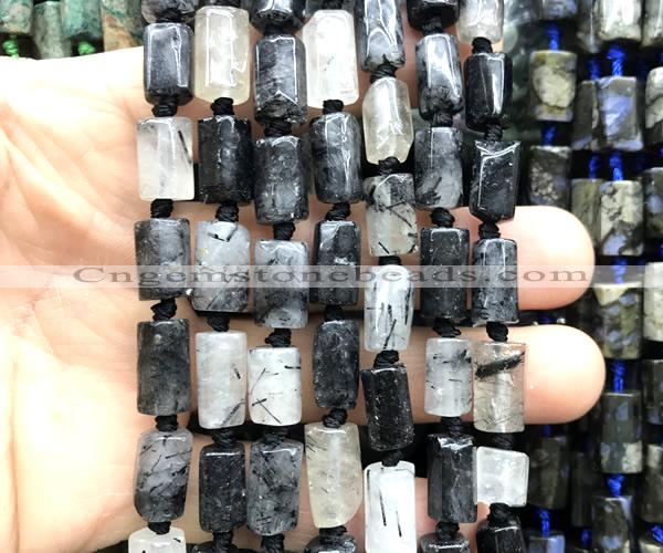 CTB1207 8*12mm - 8*14mm faceted tube black rutilated quartz beads