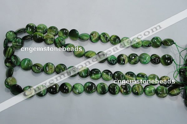 CTE1062 15.5 inches 12mm flat round dyed green tiger eye beads