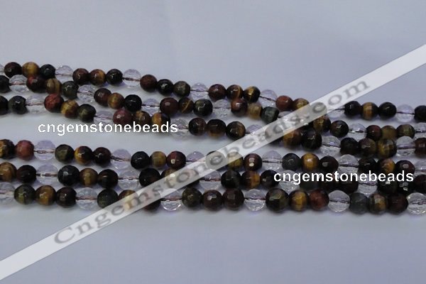 CTE1131 15 inches 6mm faceted round mixed tiger eye & white crystal beads