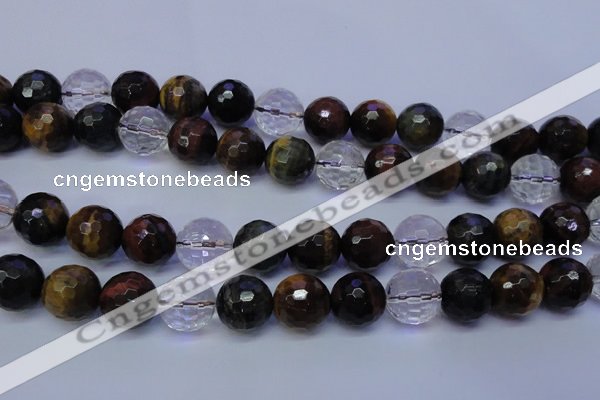 CTE1134 15 inches 12mm faceted round mixed tiger eye & white crystal beads