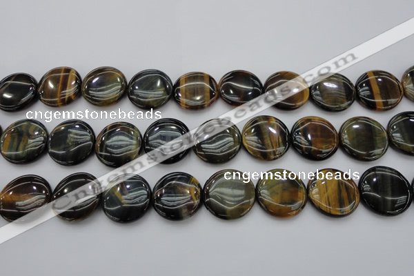 CTE1351 15.5 inches 25mm flat round yellow & blue tiger eye beads