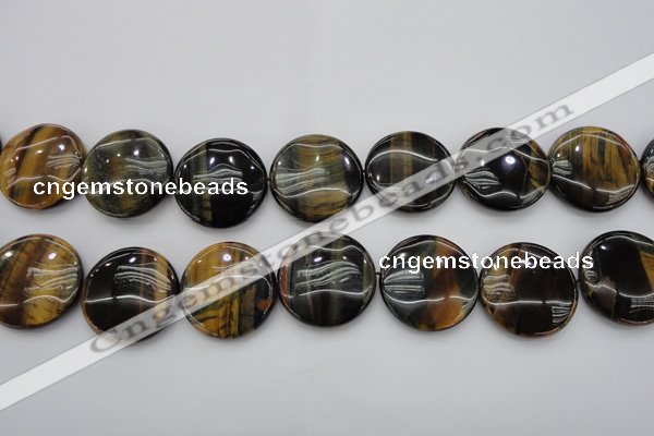 CTE1352 15.5 inches 30mm flat round yellow & blue tiger eye beads