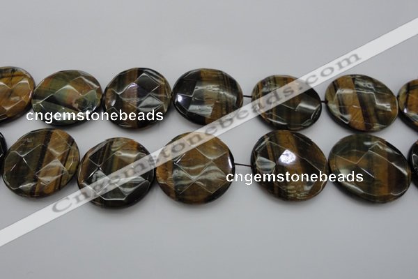 CTE1360 15.5 inches 40mm faceted coin yellow & blue tiger eye beads