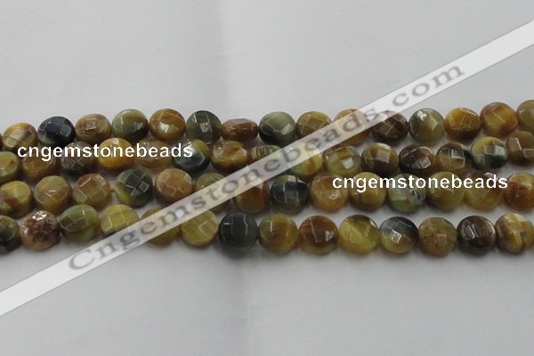 CTE1574 15.5 inches 12mm faceted coin golden & blue tiger eye beads