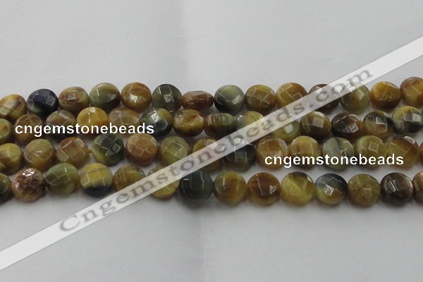CTE1575 15.5 inches 14mm faceted coin golden & blue tiger eye beads