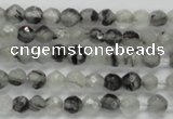 CTG208 15.5 inches 4mm faceted round tiny black rutilated quartz beads