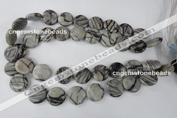 CTJ208 15.5 inches 20mm flat round black water jasper beads wholesale