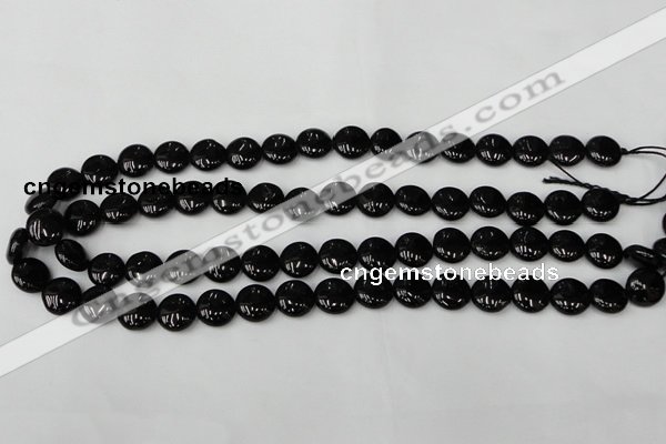 CTO128 15.5 inches 12mm flat round black tourmaline beads