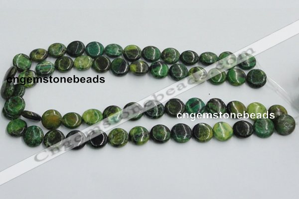 CTP08 15.5 inches 14mm flat round yellow green pine gemstone beads