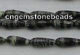 CTR10 15.5 inches 6*16mm faceted teardrop green silver line jasper beads