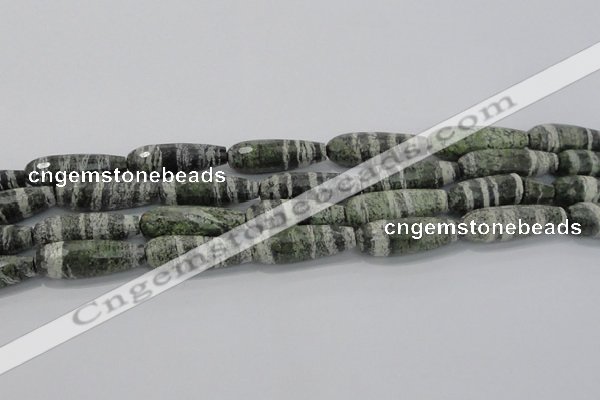 CTR140 15.5 inches 10*30mm faceted teardrop green silver line jasper beads