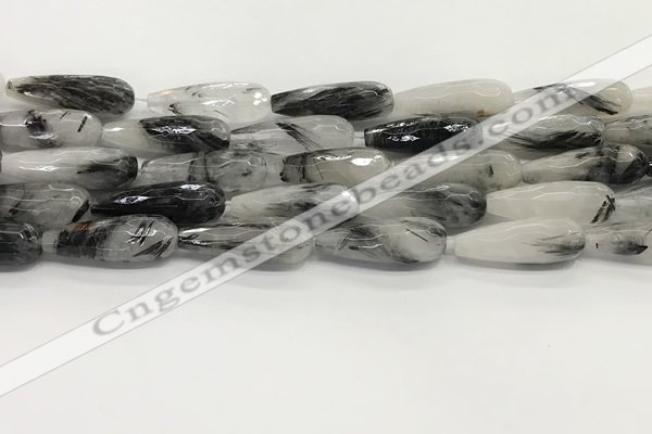 CTR156 15.5 inches 10*30mm faceted teardrop black rutilated quartz beads