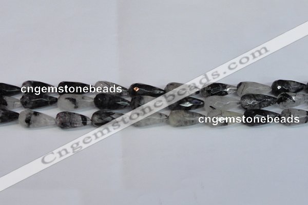 CTR302 15.5 inches 12*25mm faceted teardrop black rutilated quartz beads