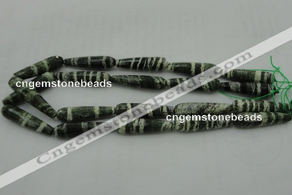 CTR53 15.5 inches 10*40mm faceted teardrop green silver line jasper beads