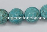 CTU884 15.5 inches 18mm carved round dyed turquoise beads